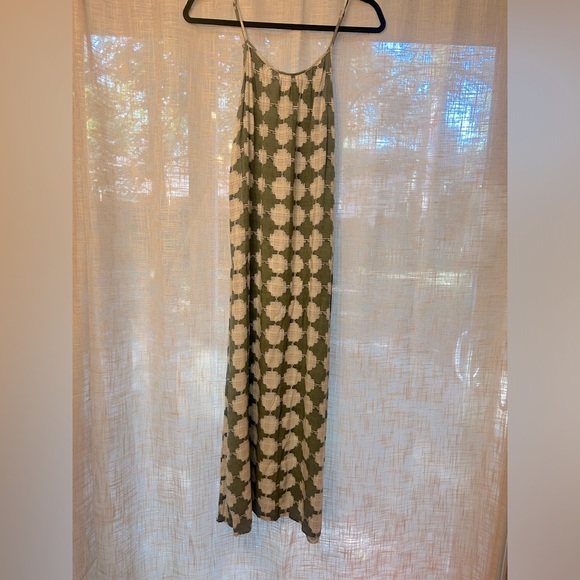 Merona Patterned Ivory and Green Strappy 70’s Retro Long Maxi Dress size Small. - Picture 2 of 7